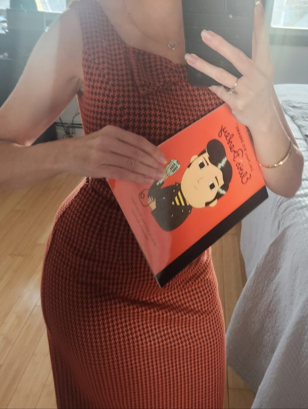 “Stop Staring” pumpkin orange and black houndstooth retro  look fitted dress- S - Picture 16 of 16